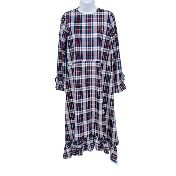 ASOS Soft Trapeze Midi Dress Pephem in Check Plaid Print Back Bow Ruffle Hem - Picture 3 of 12